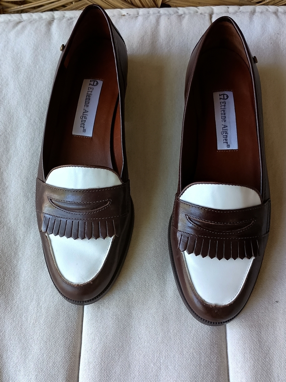 Etienne Aigner Buckingham Two-Tone Brown and White Kiltie Loafers_7.5